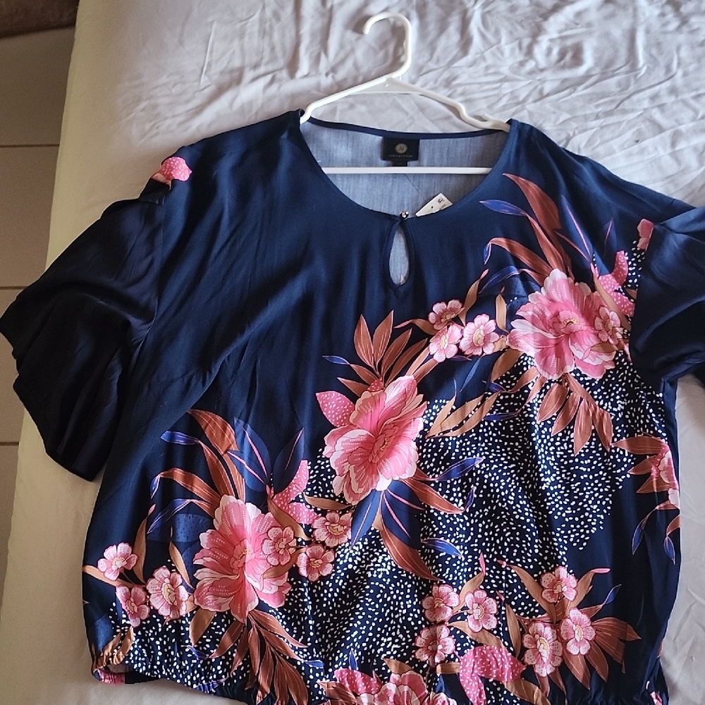 JM Collection Navy and Pink Floral Blouse